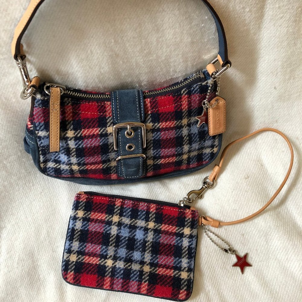 Coach Plaid Fleece Mini Bag + Coin Purse/Wristlet